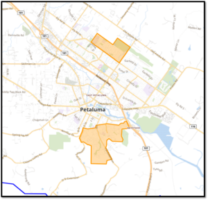 Map of Petaluma evacuation zones PTL-003A and PTL-011. PTL-003A includes the area of South Petaluma and Petaluma Golf & Country Club: -North of Southern Petaluma city limits, -South of of Sunnylope Avenue/Olive Street/Mission Drive, -East of D Street, -West of Highway 101. PTL-011 includes the area of Santa Rosa Junior College/Prince Park: -North of East Washington Street, -South of Santa Rosa Junior College, -East of Sonoma Mountain Parkway, -West of Eastern Petaluma City Limits.